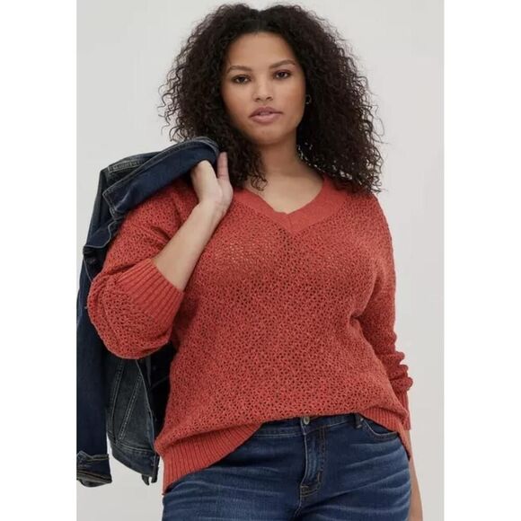 Torrid 6 Reddish/Orange Open Stitch Pullover V-Neck Sweater Pullover shirt - Picture 1 of 9